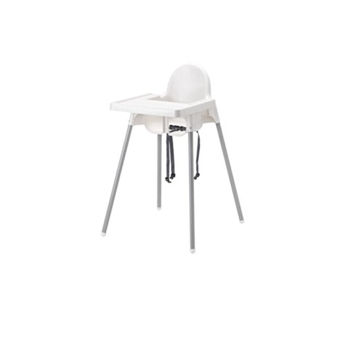 Ikea's ANTILOP Highchair with safety belt, white, silver color and ANTILOP Highchair tray, white