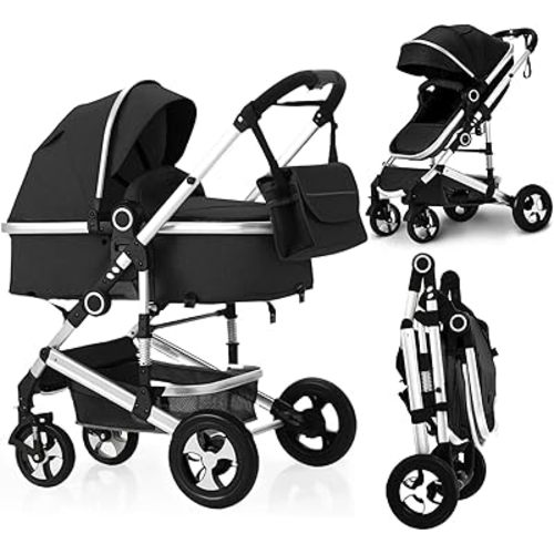 2 in 1 Baby Stroller, Convertible Pushchair Stroller w/Reversible Seat, Foldable Newborn Pram Carriage, Adjustable Canopy, Storage Basket, Diaper Bag & Cup Holder, 0-36 Months, Black