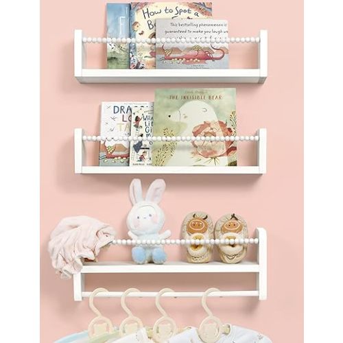 Nursery Bookshelves Set of 3, Natural Wood Nursery Floating Shelves Wall Mount Storage Shelf with Towel Bar Hainging Bookshelf for Kids Room Bedroom Nursery Decor, White