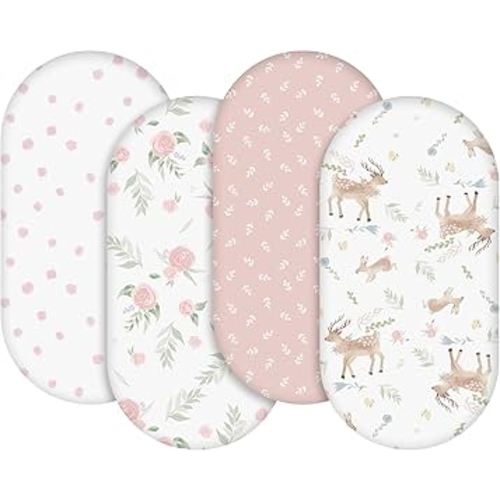 Gllquen Baby Bassinet Sheets 4 Pack, Breathable Cozy Fitted Mattress Sheet, Elastic Travel Crib Fashionable Floral Pattern, Standard Cradle Safe Sheets for Baby Boy Girls 32"X16"(Deer & Rose)