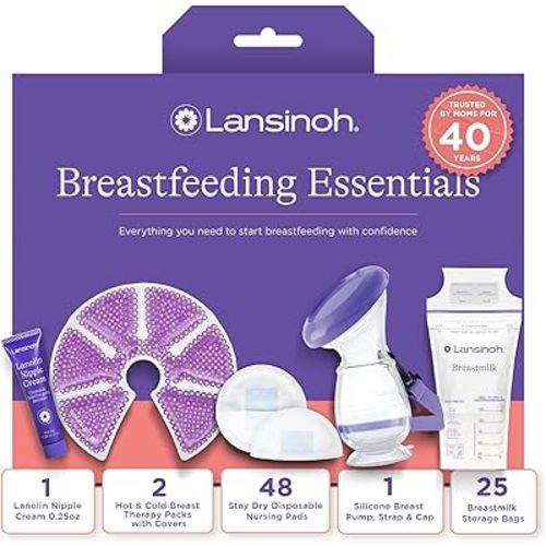 Lansinoh Breastfeeding Essentials Kit for New Moms with Nursing Pads, Breastmilk Storage Bags, Nipple Cream, Hot and Cold Breast Therapy Packs, Silicone Breast Pump, 77 Piece Gift Set