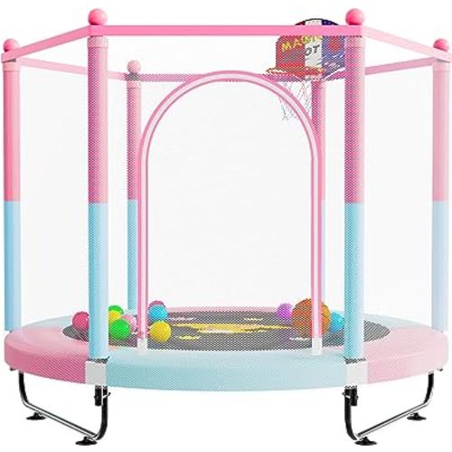 60" Trampoline for Kids, 5 FT Indoor & Outdoor Small Toddler Trampoline with Basketball Hoop, Safety Enclosure, Baby Trampoline Toys, Birthday Gifts for Kids, Gifts for Boy and Girl, Age 3-8