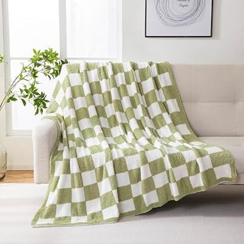 YIRUIO Throw Blanket Checkered Chessboard Fluffy Fuzzy Warmer Comfort Reversible Super Soft Cozy for Home Decor Bed Couch Sofa Living Room (Sage Green, 51''x63'')