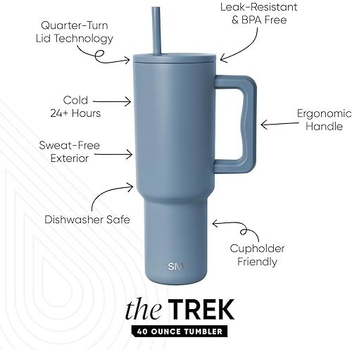 Simple Modern 40 oz Tumbler with Handle and Straw Lid | Insulated Cup Reusable Stainless Steel Water Bottle Travel Mug Cupholder Friendly | Gifts for Women Men Him Her | Trek Collection | Blue Dune