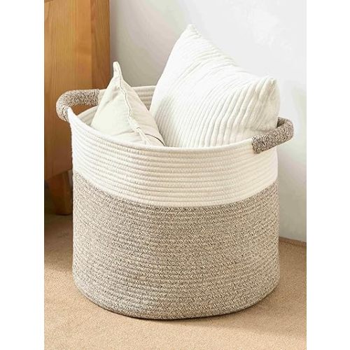 Blanket Basket - Woven Round Rope Storage Basket (16"Wx14"H) for Blankets & Throws, Small Laundry & Toy Organizer, Decorative Living Room & Bedroom Cotton Basket - White & Brown