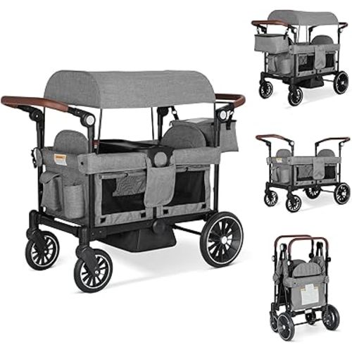 Wagon Stroller for 2 Kids, Collapsible All-Terrain Stroller, Kids Wagon Cart Featuring with Harnesses, Adjustable Double Push Handle, Removable Canopy, Snack Tray, Large Storage Bag, Gray