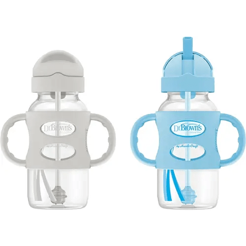 Dr. Brown's Milestones Wide-Neck Sippy Straw Bottle with 100% Silicone Handles, 9oz/270mL, Gray & Blue, 2 Pack, 6m+