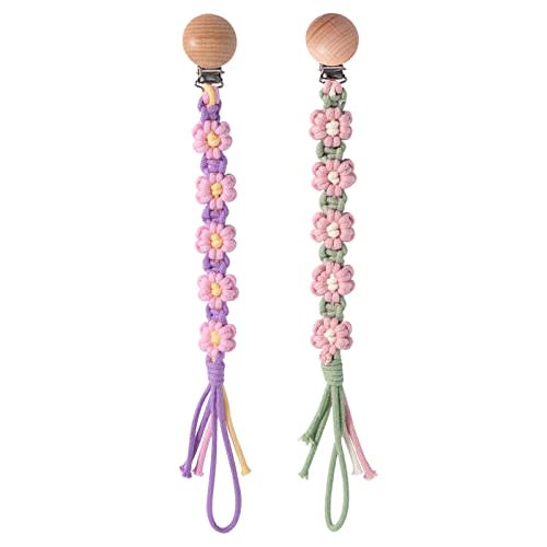 Symbolife Pacifier Clip for Boys Girls Floral Daisy Macrame Paci Clip Pacifier Holder Leash Boho Wooden Clips Handmade Braided Cotton Unisex Baby Shower Birthday Gift