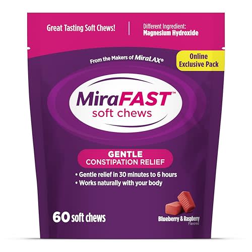 MiraFAST Soft Chews, from the makers of MiraLAX, Gentle Constipation Relief in 30min-6hrs, Fast Acting Laxative, Stimulant Free Saline Laxative, Magnesium Hydroxide, Blueberry & Raspberry Flavor, 60ct