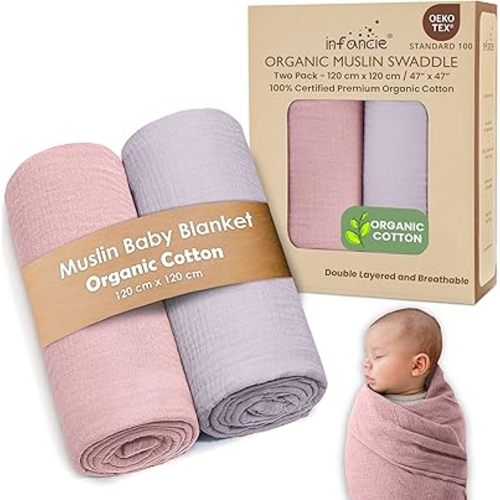 Organic Cotton Muslin Baby Blanket - 47x47 Inch Breathable Swaddle, Hypoallergenic Double-Layer, Versatile Use (Light Pink/Light Purple, 47x47 Inch)