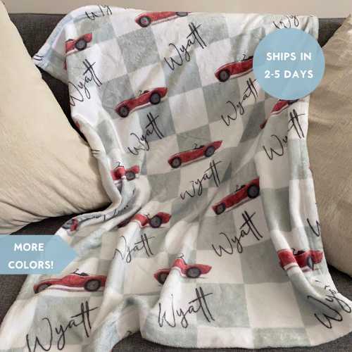 Toddler Car Bedding, Checkerboard Car Blanket for Kids, Personalized Race Car Blanket, Ultra Soft Kids Blanket, Baby Boy Car Blanket