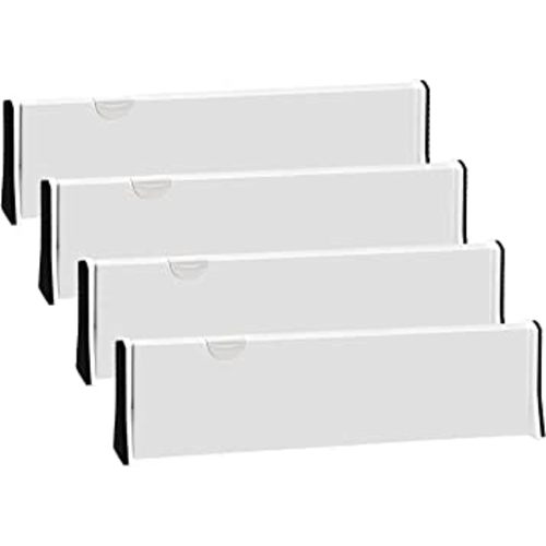 JONYJ Drawer Dividers Organizer 4 Pack, Adjustable Separators 4" High Expandable from 14.9-21" for Bedroom, Bathroom, Closet,Clothing, Office, Kitchen Storage, Strong Secure Hold, Foam Ends（White）