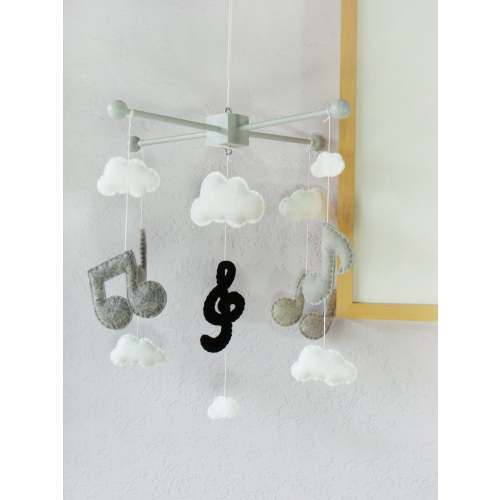 Music Note Mobile: Modern Baby Mobile, Musical Note Nursery, Music Note and Clouds Decor, Kids Room Music Design. Black Grey and White
