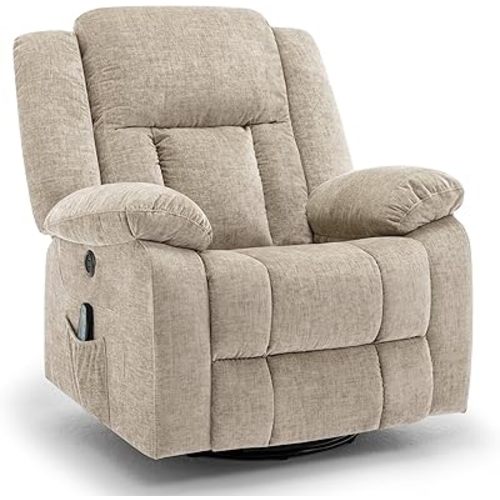 Rocker Recliner Chair, Glider Recliner Chairs for Adults, 360° Swivel Recliner with Massage and Heating, Rocking Recliner Chair with Side Pockets and USB for Living Room, Nursery, Bedroom