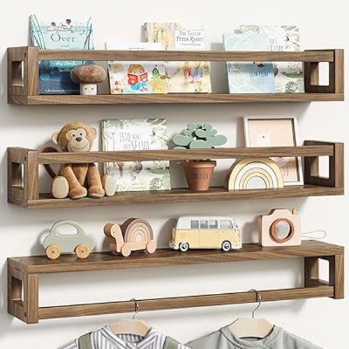 Upgraded Thick Floating Shelves - 24 Inch Multi-Use Wall-Mounted Bookshelves for Kids and Nursery, Ideal for Books, Toy, Spice Rack, Decor - Walnut Brown