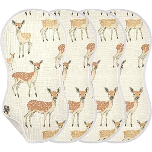Vintage Cute Deers Burp Cloths Baby Boys Girls Absorbent Soft Cotton Burping Cloths Rags, 4 Pack