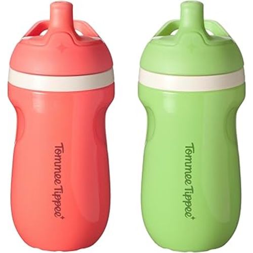 Tommee Tippee Insulated 9oz Sporty Spout Toddler Water Bottle, No Spill, Sippy Cups for Toddlers 1-3, Two-Piece Valve Helps Stop Spills, Green & Red, BPA Free, Pack of 2