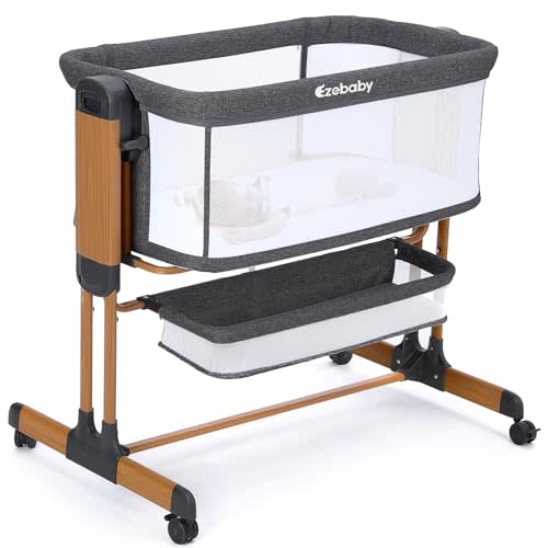 Ezebaby Baby Bassinet, Rocking Bassinet for Baby, Bedside Bassinet with Wheels, Storage Basket, Adjustable 7 Heights and All Mesh Sides, Portable Baby Bassinets Bedside Sleeper for Newborn Infant