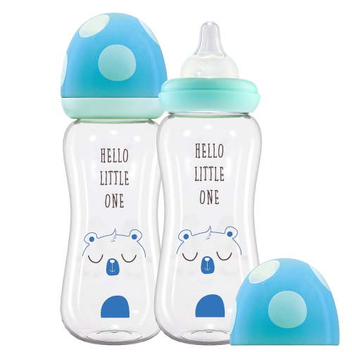YOHKOH 8.8 oz Glass Bottle,AirFree Vent,for Mixed/Breastfeeding,Blue,2pk