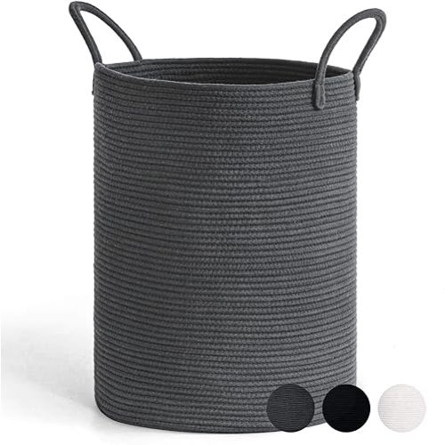 Goodpick Laundry Basket, Baby Cotton Rope Basket Tall Storage Basket for Clothes, Blankets, Toys, Towels, Grey Laundry Hamper for Nursery, Living Room, Bedroom, Bathroom, 15 x 20 inches, 58L