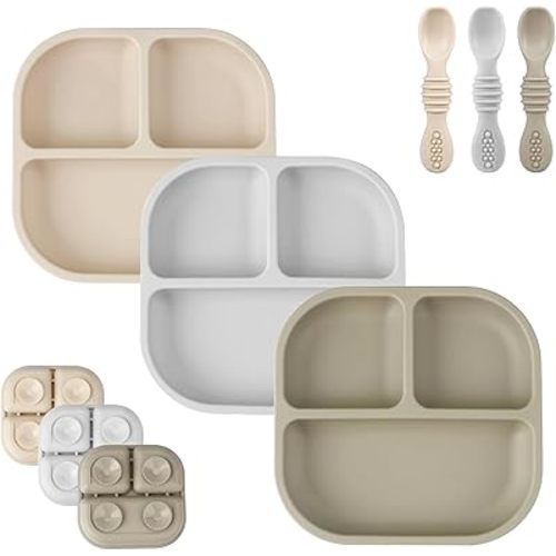 PandaEar Suction Plates for Baby, 3 Pack Silicone Plates & Spoons for Baby Toddlers Infant Kids, Divided Toddler Suction Plate Baby Dish Set, Non-Slip Non-Toxic, BPA Free (Creamy Grey Brown)
