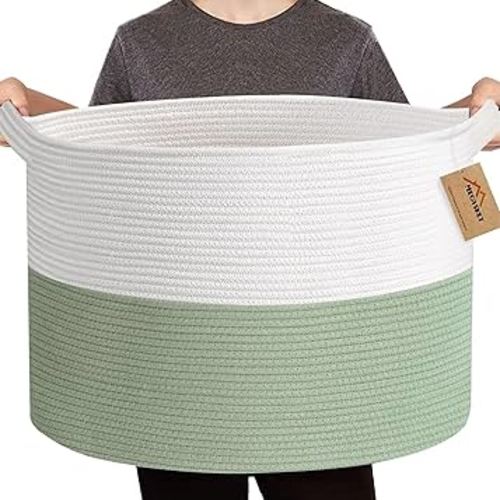 Extra Large Green Storage Baskets, 22" X 22" X 14" Kids Toy Baskets Storage, XXXL Dog Toy Bin Basket, Nursery Baby Toy Organizer Box, Soft Cotton Rope Woven Basket, Blanket Basket Living Room