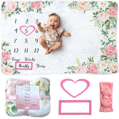The Modern Child - Baby Milestone Blanket Super Soft Fleece Monthly Milestone Blanket for Baby Girl - Boy - Perfect for First Year Pink Flowers - Large 60"x40"