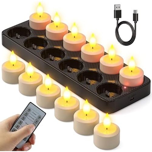 SoulBay Flameless Candles with Remote Control Timer & Charging Base, 12pcs USB Rechargeable Battery LED Tea Lights Candles Small Votive for Lantern Pool Mantle Weddings Emergency Christmas Decorative