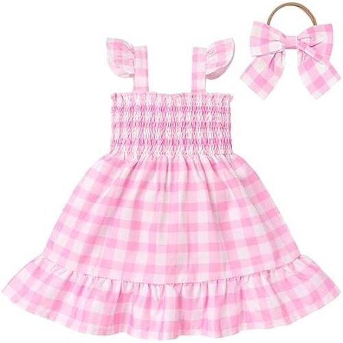 Baby Girls Pink Plaid Romper Tutu Dress Sleeveless Smocked Gingham Dress Toddler Summer Outfits Princess Party Dresses