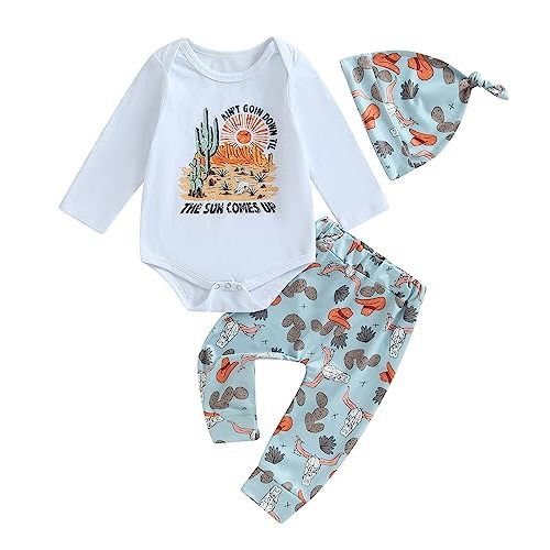 Baby Boy Cowboy Outfit Newborn Western Country Boy Clothes Cow Print Letter Bodysuit+Long Pants+Cap 3pcs Fall Clothes