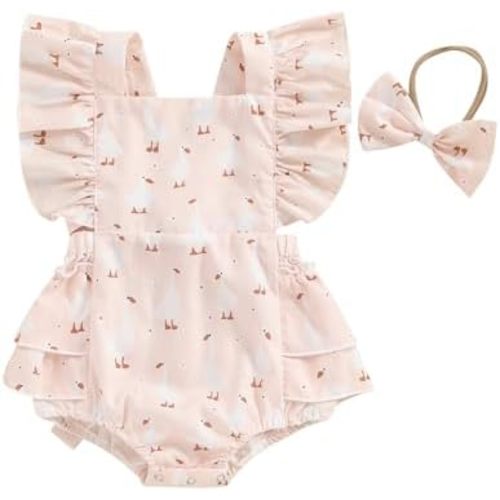 Newborn Western Clothes Chicken/Goose/Duck Print Romper Ruffle Sleeveless Bodysuit with Headband Baby Farm Outfit