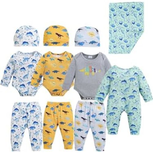 Renotemy Newborn Baby Boy Clothes Essentials 11-Piece Layette Set with Bodysuits, Pants, Hats, Blanket-Infant Unisex Outfit