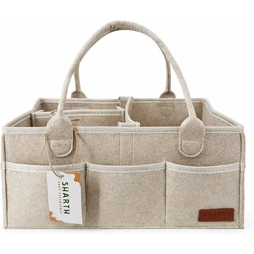 Sharth Baby Diaper Caddy Organizer with Handle, Baby Shower Gifts Basket Bag, Registry Search Must Haves Items, Nursery Storage Organizer for Newborn Girl Boy, Car Diaper Caddy (Beige)