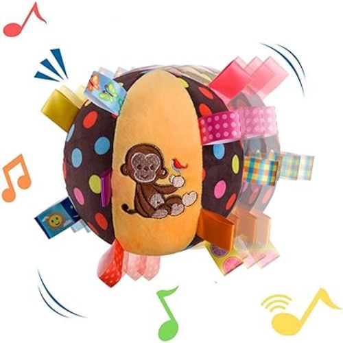 Baby Taggie Ball, Colorful Rattle Ball with Tags, Soft Plush Stuffed Animal Multi Sensory Toy for Early Educational, Ribbon Tag Toy for Baby Kids Toddlers Infants