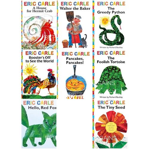 The Eric Carle Library Featuring 8 Classic Board Books Boxed Set [The Greedy Python, The Foolish Toroise, Rooster's Off to See the World, Walter the Baker, A House for Hermit Crab, Pancakes Pancakes!, Hello Red Fox, The Tiny Seed]