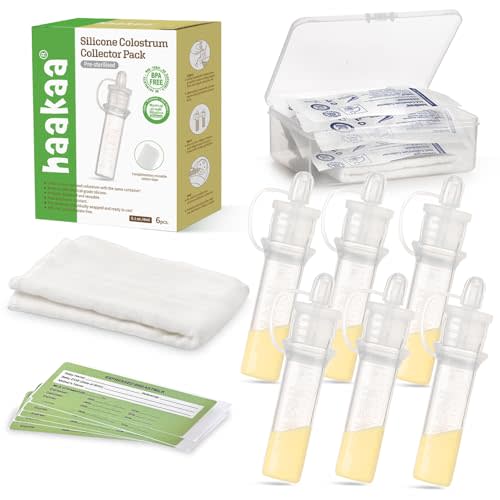 Haakaa 100% Silicone Sterile Colostrum Collector Kit, 4ml (6pcs), with Cotton Cloth Wipe and Storage Case, BPA Free, Reusable