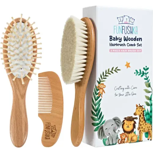 Wooden Baby Hair Brush and Comb Set for Newborns - Soft Bristle Baby Brush and Comb for Gentle Scalp Care - Perfect Baby Registry Gift Set – Baby Cradle Cap Brush for Newborn (Beechwood)