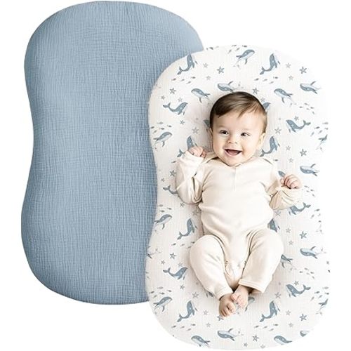 Konssy Muslin Baby Lounger Cover 2 Pack, 100% Cotton Newborn Lounger, Soft and Breathable for Boys Girls, Covers Only (Blue Whale, Blue)