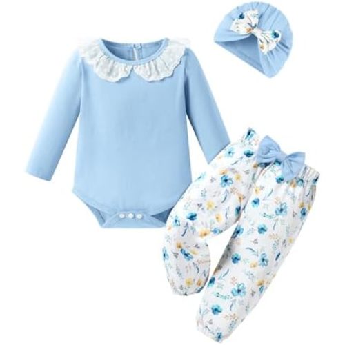 WESIDOM Baby Girl Clothes 0-24M Newborn Girls Outfits Lace Romper+Floral Pants+Cute Bow Hat Infant Babys 3Pcs Set