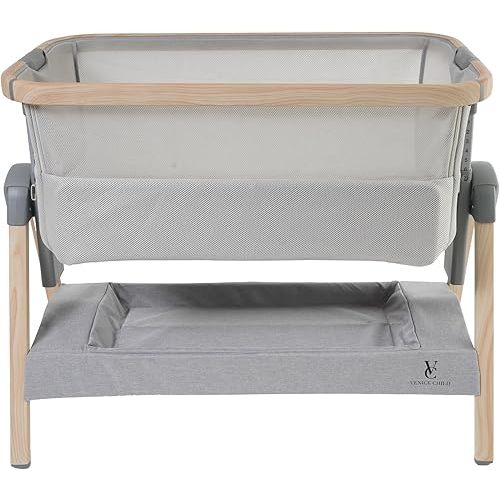 Venice Child California Dreaming Bedside Crib Bassinet w/Travel Case, Bamboo Bassinet Sheet, Removable Bamboo Compressed Cotton Mattress, Height Adjustable, Easy Clean - Grey