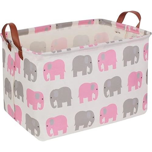 Rectangular Pink Elephant Basket,Baby Girl Storage Bin,Collapsible Kids Toys Storage Box with Handles for Bedroom,Gift Basket,Nursery Bin(Pink Elephant)