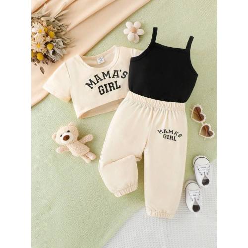 Baby Girl's 3pcs/Set Casual Sports Letter Print Short Sleeve Top, Long Pants, Solid Color Suspender Set For Summer
