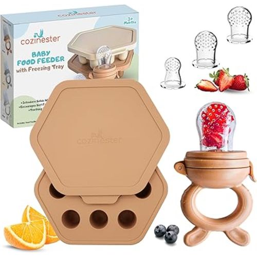 Baby Fruit Feeder & Teething Relief | Baby Feeding Essentials | Innovative Baby Teething Relief Tool | BPA Free Breast Milk Popsicle Teether for Self Feeding | Includes 2 Pouches (Brown)
