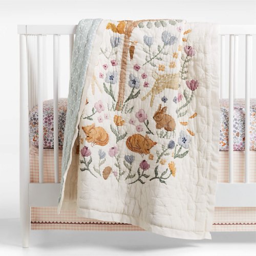 Wonderland Prairie Embroidered 100% Organic Cotton Voile Baby Crib Quilt