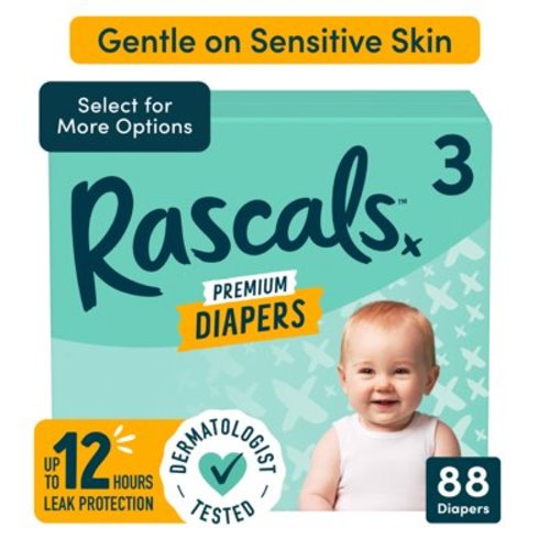 Rascals Premium Night Time Baby Diapers, Size 3, 88 Count