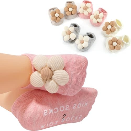 SAOROPEB Baby Socks with Non-Slip Grips, 4 Pairs Low Cut Ankle Socks for Baby Girls Newborn Infant 0-6 Months