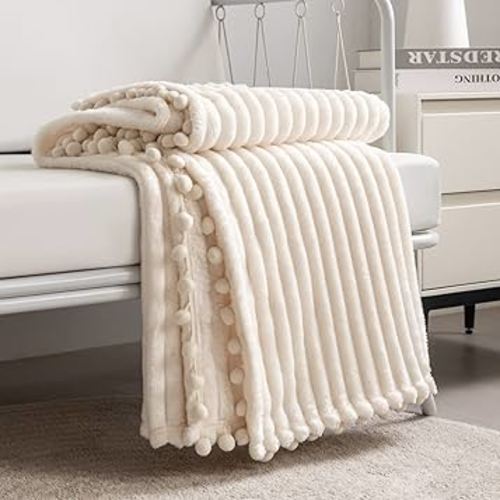DISSA Fleece Blanket Twin Size – 60x80, Beige - Soft, Plush, Fluffy, Fuzzy, Warm, Cozy – Perfect Throw for Couch, Bed, Sofa - with Pompom Fringe - Flannel Blanket