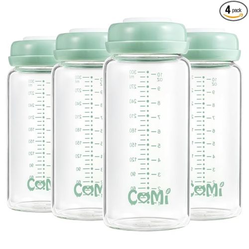 COMI Wide Neck Glass Breastmilk Collection n Storage Bottle, 4 Packs,10oz with Screw Ring Sealing Disk,Re-markable Sealing Disc,BPA Free,Fits Breast Pumps&Nipples(4 Green Lids)
