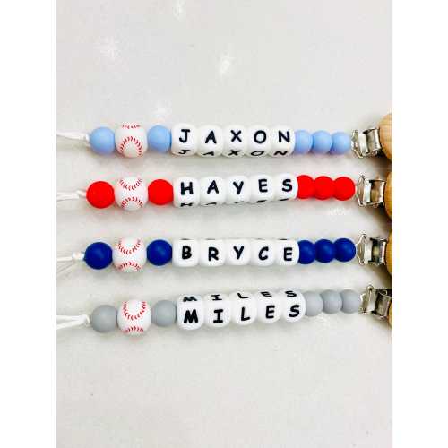 Personalized Baseball Pacifier Clips with White Letter Beads