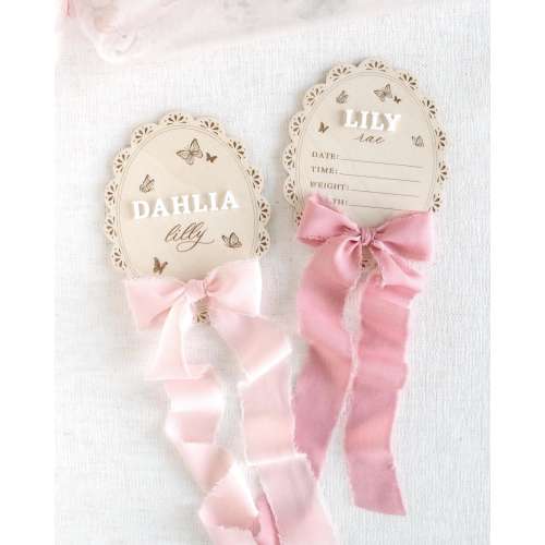 Butterfly Name Announcement Sign: Newborn Hospital Birth Statistic with bow and butterflies